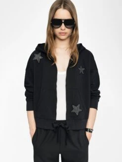 Zadig & Voltaire Mia Black Embellished Hoodie With Zip Black -Zadig & Voltaire Clothing JWSS01666 BLACK ADDI 1 6849a2b5ac84f