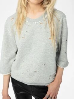 Zadig & Voltaire Edmond Diamanté Women's Distressed Sweatshirt Gris Chine Clai -Zadig & Voltaire Clothing JWSS01681 GRIS CHINE CLAI HOVER 681b68594c4a3