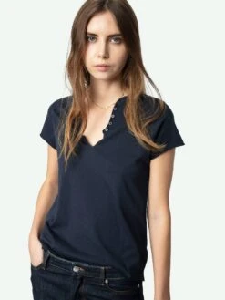 Zadig & Voltaire Henley Diamanté T-shirt Encre -Zadig & Voltaire Clothing JWTN02645 ENCRE ADDI 1 675fef6029717