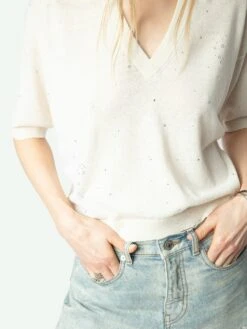 Zadig & Voltaire Wully White Rhinestone Sweater Ecru -Zadig & Voltaire Clothing KWSW02775 ECRU HOVER 67a625f13afa4