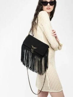 Zadig & Voltaire Rock Suede Fringes Clutch Black -Zadig & Voltaire Clothing LWBA03978 BLACK HOVER 67ff826965268