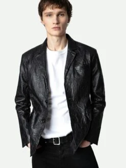 Zadig & Voltaire Valfried Crinkled Leather Blazer Black -Zadig & Voltaire Clothing RMBL00006 NOIR HOVER