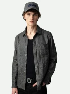 Zadig & Voltaire Serge Crinkled Leather Shirt Elephant -Zadig & Voltaire Clothing RMSH00010 ELEPHANT HOVER 1