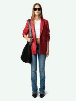 Zadig & Voltaire Visko Crinkled Leather Blazer Crimson