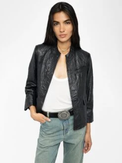 Zadig & Voltaire Veryn Crinkled Leather Blazer Black -Zadig & Voltaire Clothing RWBL01084 BLACK ADDI 2 686b8470a6181