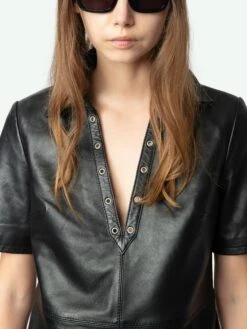 Zadig & Voltaire Ralmy Leather Short Sleeve Dress Black 12 Zadig & Voltaire Ralmy Leather Short Sleeve Dress Black -Zadig & Voltaire Clothing RWDR01038 BLACK HOVER 675ff2f00031b