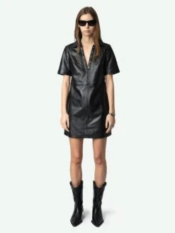 Zadig & Voltaire Ralmy Leather Short Sleeve Dress Black