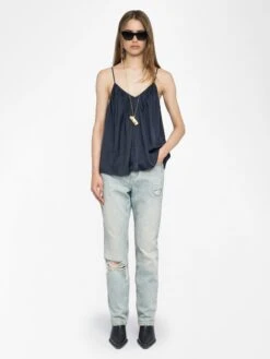 Zadig & Voltaire Cym Satin Pleated Camisole Encre