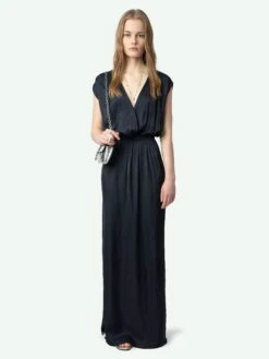 Zadig & Voltaire Ritmic Navy Satin Long Dress Encre
