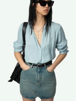 Zadig & Voltaire Tink Emerald Green Satin Blouse Mist -Zadig & Voltaire Clothing WWSH00021 MIST ADDI 3 67b745bdc6d15