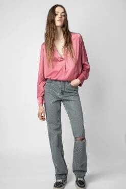 Zadig & Voltaire Tink Emerald Green Satin Blouse Vieux Rose -Zadig & Voltaire Clothing WWSH00021 VIEUX ROSE 3